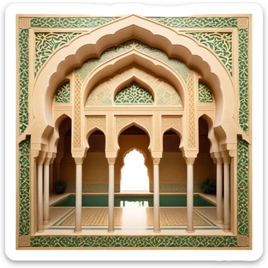 Alhambra – Cinematic Realistic Alhambra, depicted as a majestic Moorish palace with intricately carved arches, lush courtyards, and detailed tile work, bathed in soft golden light and dynamic shadows that highlight its opulent historical beauty. sticker