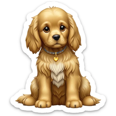 cinematic-[cocker spaniel dog]-realistic-full-body-sitting-emoji,-tail-resting-loosely-beside-its-paws,-head-tilted-dramatically,-scruffy-[solid gold]-fur,-simplified-yet-realistic-focused-features,-highly-detailed,-glowing-with-an-almost-sarcastic-glow sticker