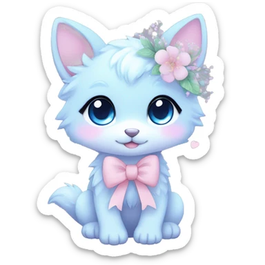 Anthro Cute Cool Blushing Pastel Innocent Shy Kawaii gorgeous sparkly ethereal fantasy anime animal creature with blue eyes furry sona with flowers and ribbons beautiful aesthetic sticker