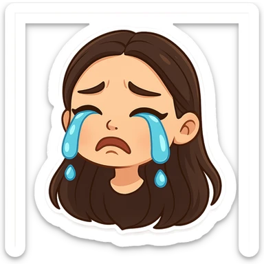 Create a chibi sticker of the girl from the reference image with long hair as shown. She is crying, in 3D bitmoji chibi style with a white outline and transparent background. sticker