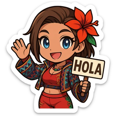Azucena from Tekken 8 in chibi sticker style, holding a sign that says 'HOLA', waving, wearing the detailed red and patterned outfit from the reference images, designed for Twitch emote use. sticker