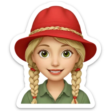 messy green clay mask and red tourist hat blond braided woman big eyes smiling sticker