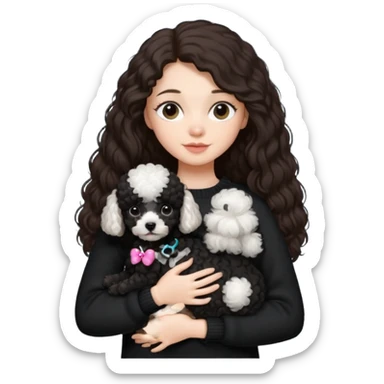 One Brunette girl with long hair in a black sweater holds a single black Poodle puppy in her arms sticker