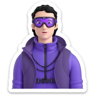 male athlete with white skin and moderately curly black hair on top with shaved sides, wearing ski goggles with purple frames and very dark black lenses, a simple plain black chain necklace, and an open shiny purple vest showing his chest and abs, no earrings sticker
