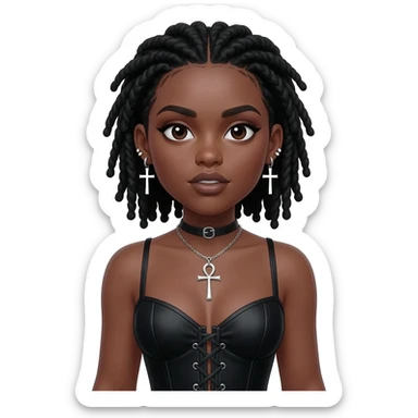 goth black girl with black corset, with brown skin, cross earrings, ankh necklace with center parted short black dreadlocks, whole white face paint sticker
