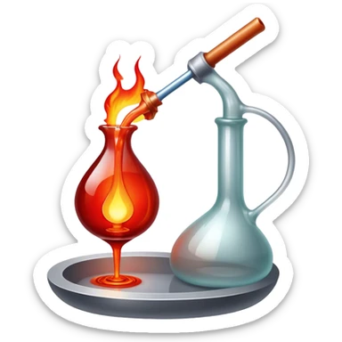 Glassblowing and casting icon, molten glass being shaped into a delicate object with a blowpipe, glowing red-hot glass being poured into a mold, unfinished glass sculpture, minimalistic style, clean lines, transparent background. sticker