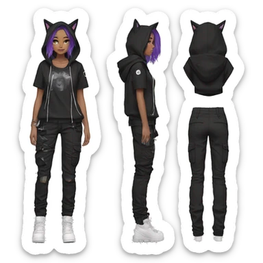 Edgy anthro beautiful pretty anime punk tomboy with cat ears techwear cargo pants hoodie sticker