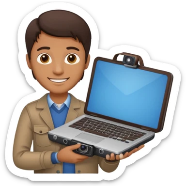 man's head with dark brown hair, holding a laptop and a camera, friendly professional smile sticker