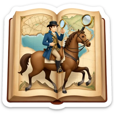 Collage for Reading Fiction: large open book with pages turning into with musketeers on horseback, Sherlock Holmes with a magnifying glass standing nearby, treasure island map. The icon should evoke the adventure and romance of exploring fictional worlds. Transparent background sticker