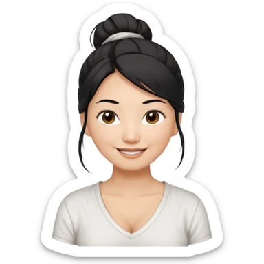 asian mom with long black hair tied in up in a messy bun and big brown eyes emoji in a white v neck shirt sticker