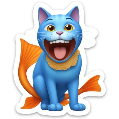 a blue cat smiling with an orange fish sticker