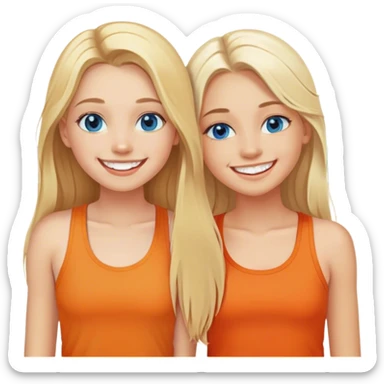 Two girls both have long blonde hair standing cheek to cheek on a beach with one girl wearing an orange shirt and the second girl wearing a tank top both have bright white teeth and smiling both have beautiful blue colored eyes sticker