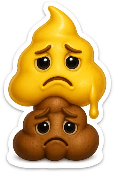emoji stile iphone di una cacca giallina e liquida con espressione triste, sopra una montagnetta di feci a palline con espressione triste, iperrealistico 4k sticker
