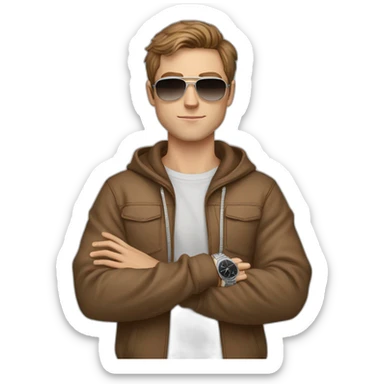 young white male with brown hair and brown eyes, wearing light brown Hoodie, having pilot sunglasses, while having crossed arms and having silver rolex on whrist sticker