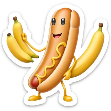 Hotdog with arms holding a banana sticker