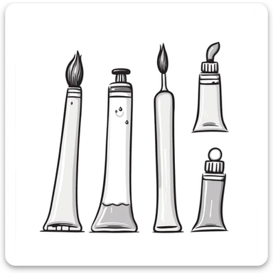 Set of artist's paint tubes with different sizes and caps. Some tubes are squeezed in the middle. Using specific pastel colors (dd9fb0, ffc6d3, a3bfc9, c4bee2, f1b091). Hand-drawn doodle style with intricate details. Transparent background. sticker