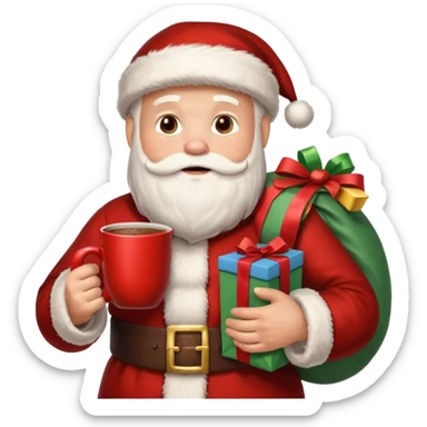 Санта клаус с мешком подарков за спиной и кружкой какао в руке sticker