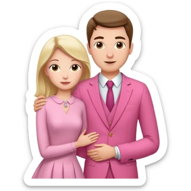 Two lovers, one female one male, male three inches taller, girl in pink dress, man in pink suit, both holding each other in a warm embrace  sticker