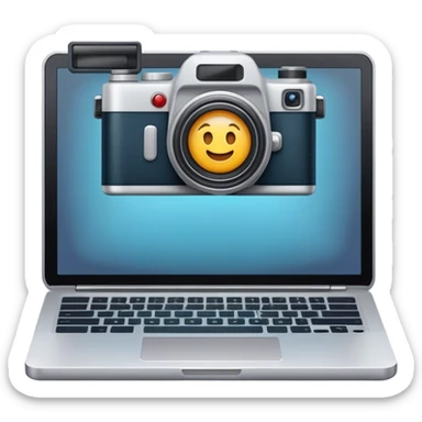 Create an emoji of blogging. The design should feature an open laptop or tablet with a visible blog post on the screen, showing text. Add a photo or video camera to symbolize multimedia content creation. Use modern, professional colors. No smiles. Make the background transparent. sticker