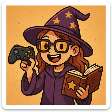 a cheerful girl wizard with a joystick and a spellbook, wearing a pointy hat and gaming glasses sticker