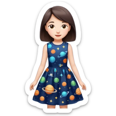 girl wearing a dress with a space print, simple, cheerful expression sticker