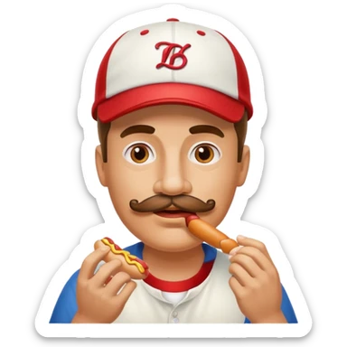 Man with mustache eating a little hot dog sticker