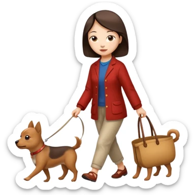 Chinese woman walking small brown dog sticker