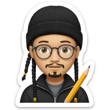 A creative young man with a pencil, glasses and a beanie. He holds a pen in his hand. He has dreadlocks, a slight moustache and bit of a beard. He's a lightskin blAsian man. He wears a black quarterzip jumper. sticker