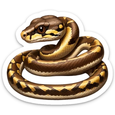A photo-realistic top-down view of a Ball Python gently coiled into a tight spiral, with its head resting peacefully at the center. Its scales are warm brown with bold, irregular black markings, including the distinctive “alien-head” pattern, flowing smoothly along its body.  sticker