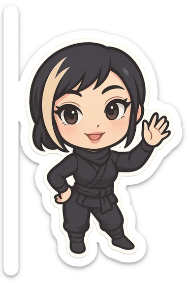 Chibi ninja girl with black short hair and a blonde streak, big head, small body and arms, not overly round or infant-like, cute and playful, anime-style face with large expressive eyes, small nose and mouth, subtle blush, hand fully raised, waving to the right, smiling, pastel colors, soft shading, clean outlines, no mask, transparent background, face looks sexy with slightly parted lips, confident gaze, longer lashes, subtle contouring, for animation frame 2 sticker