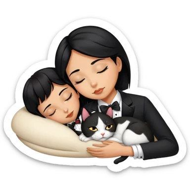 Black hair girl sleeping with tuxedo cat sticker