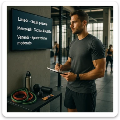 Sporty 30-year-old man in a modern gym, near a digital screen with a weekly plan in Italian: 'Lunedì – Squat pesante', 'Mercoledì – Tecnica & Mobilità', 'Venerdì – Spinta volume moderato'. He looks at the plan with concentration, wearing technical sportswear, holding a pen and notebook. Around him: resistance bands, mobility tools, water bottle, protein bar. Relaxed and strong posture. Other athletes in the background. Natural light, fitness-lifestyle style, slightly cinematic. sticker