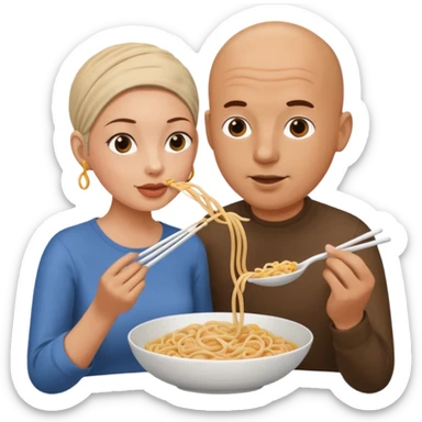 A bald man feeding a brunette woman noodles sticker