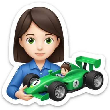 brunette kid playing green formula 1 toy sticker