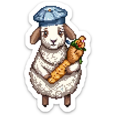 a cartoon sheep with a beret and baguette, pixel art style sticker