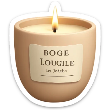 candle in a cream vessel that has a label That says bougie by Joëlle in clay color sticker