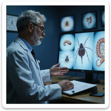 realistic doctor comparing images of different intestinal parasites found in feces, screen with enlarged images sticker