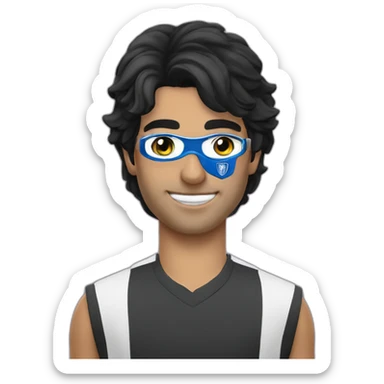 A man with gray eyes, black hair, wearing an eye mask and a Al Hilal Club T-shirt  sticker