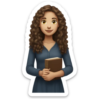 A young woman with long curly brown hair, she has light, white skin, she has brown eyes, her eyes are lowered into the book she holds in her hands sticker