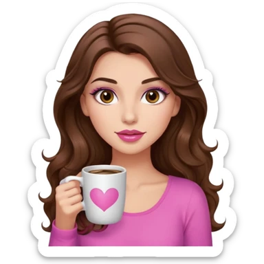girl with long wavy brown hair, brown eyes, long lashes, makeup ,sexy pink lips, light to medium complexion, pink sexy top, with a coffee mug sticker