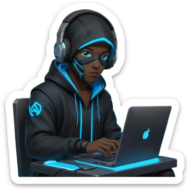 developer behind his laptop with this style : crysis Cyberpunk Valorant neon glowing bright blue character blue black hooded assassin themed character sticker