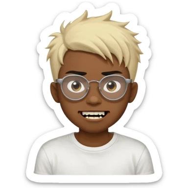 Black Male Teenager with Short punk messy blonde hair, Dark brown bushy eyebrows large expressive golden-brown eyes, wearing a plain white t-shirt, wearing thick black glasses, Dark Brown skin color. Showing off his singular vampire tooth sticker