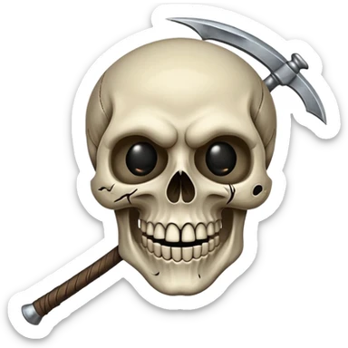 A laughing skull with a scythe crossed behind it, one eye socket winking. Clean, stylized lines, flat vector. Medieval woodcut style. Black and white with one accent color (tarnished silver). No background. sticker