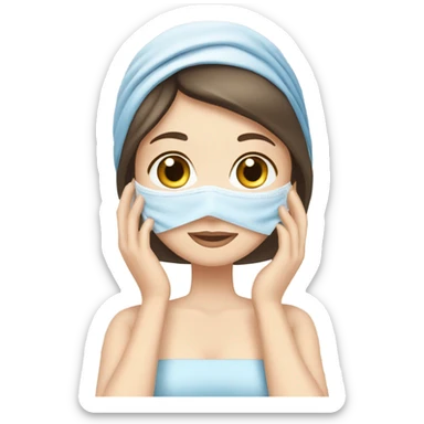 The white-skinned, blue-eyed, brunette-haired girl is making a mask on her face with a towel on her head. sticker