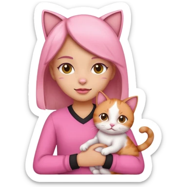 a girl dressed in pink holding a calico cat, emoji style, icon sticker