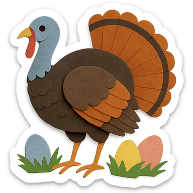wild turkey in paper craft style, delicate paper layers, naturalistic pose, vibrant tail, Easter eggs and grass sticker