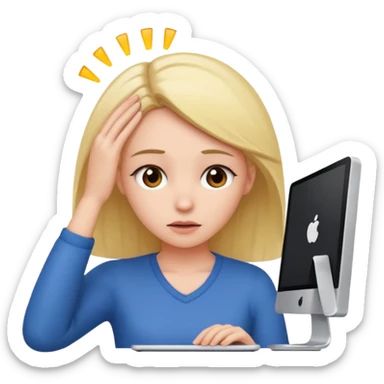 A girl is in front of a computer and is holding her head. sticker