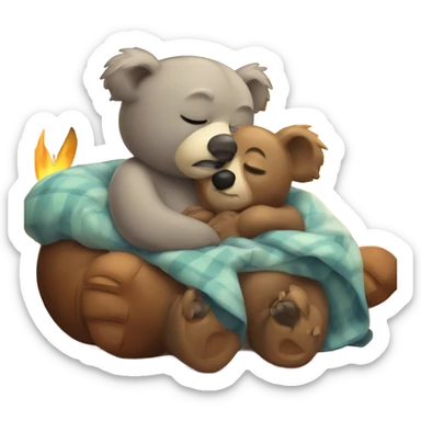 Bear snuggled with koala at fireplace sticker