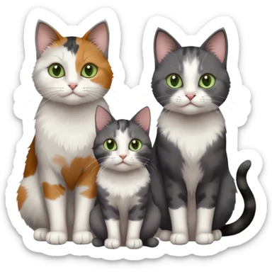 3 different coloured small cats including a dark grey and white, and a patchy calico with hazel eyes and a completely solid dark grey with green eyes and only white paws sticker