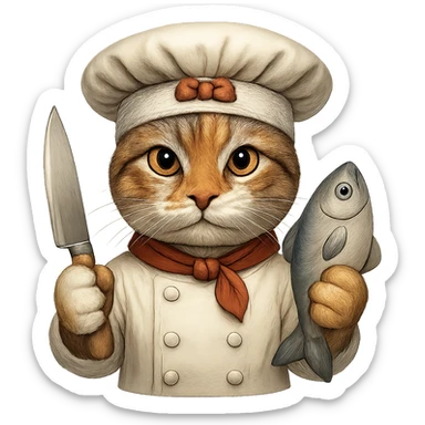 Make the cat chef normal cat colors, but keep the earring gold. The cat is holding a knife and a fish, wearing a bandana, with no background. Maintain the original style and details as much as possible. sticker